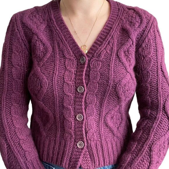 J Crew Womens Purple Chunky Cable Knit Alpaca Wool Blend Cardigan Sz XS - Picture 3 of 9